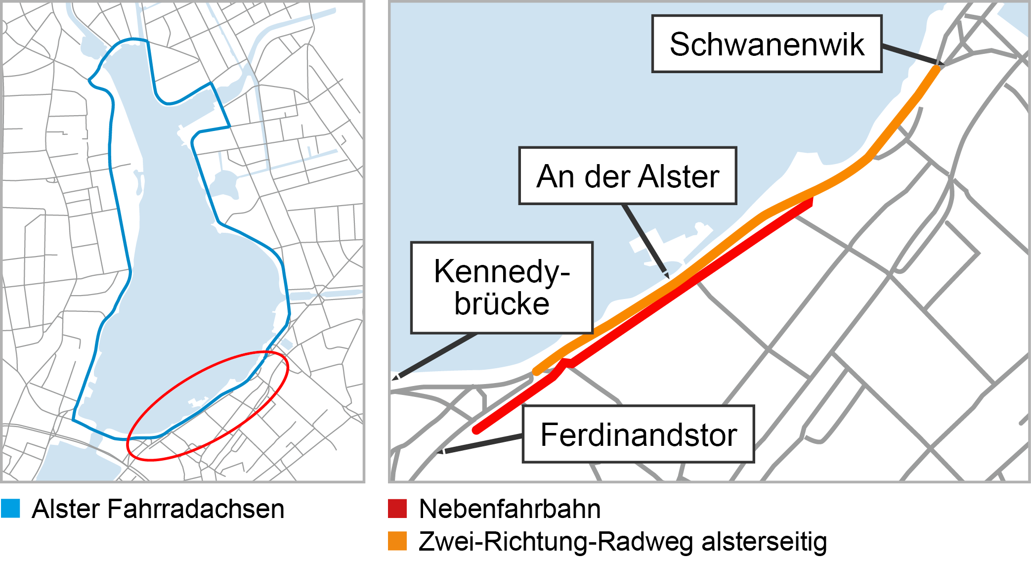 Der Planungsraum verläuft zwischen Ferdinandstor und Schwanenwik und ist Teil des Projektes "Alster Fahrradachsen"