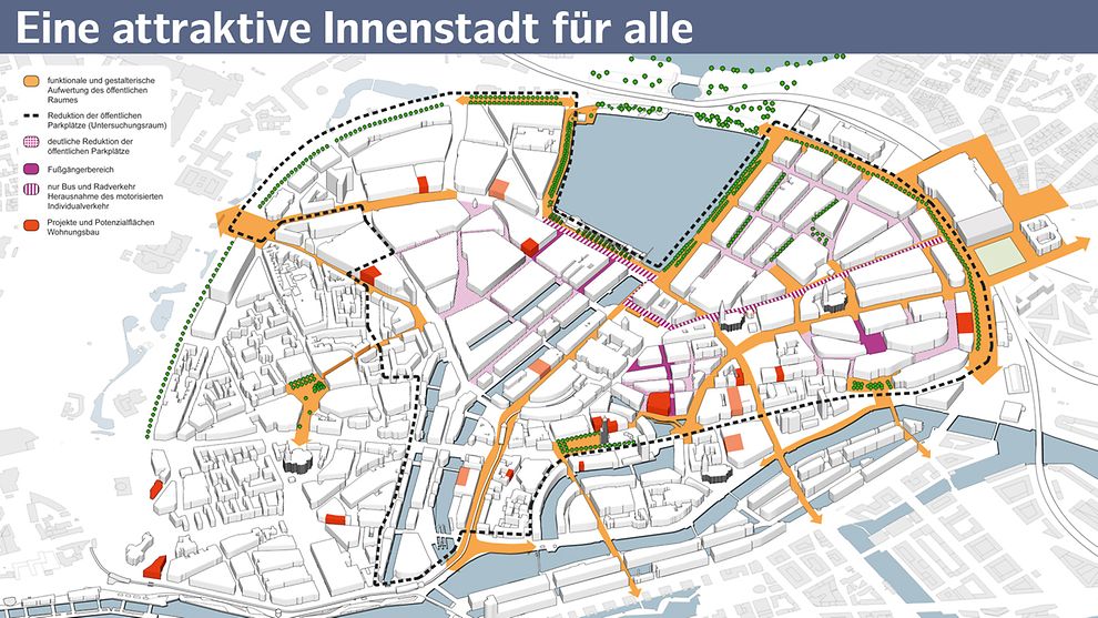 Die Karte zeigt die funktionale und gestalterische Aufwertung des öffentlichen Raums in der Innenstadt
