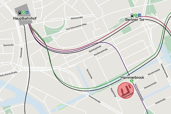 Das Hauptstandort des LSBG befindet sich in direkter Nähe zur S-Bahn-Station "Hammerbrook" im "Europa-Center"