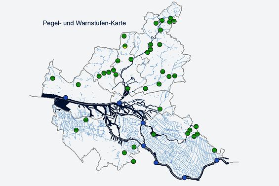 Die Karte stellt die wichtigsten Hamburger Binnengewässer und die Beobachtungspegel dar.